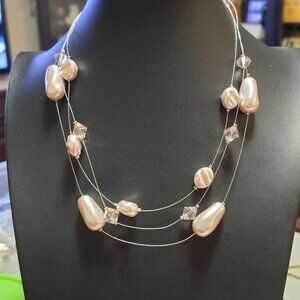 Faux Pearl Multi Strand Beaded Line Necklace  Preowned